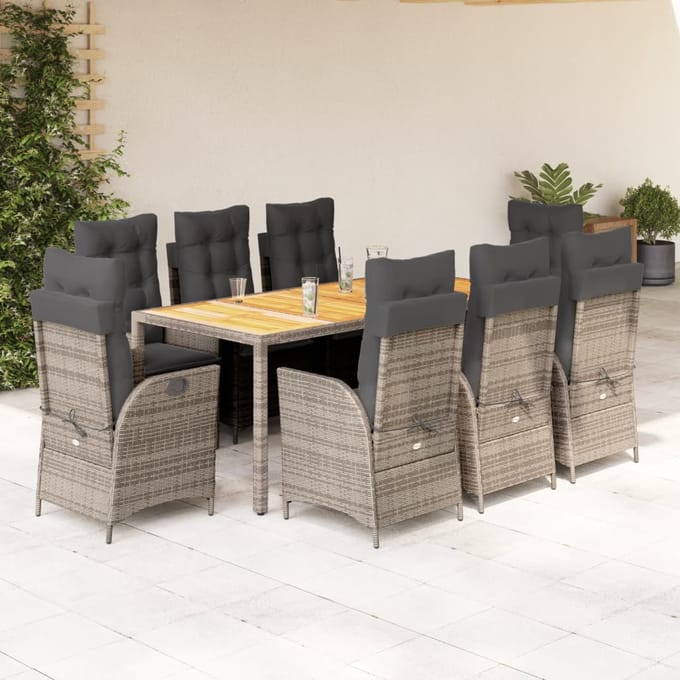 vidaXL - 9-delige - Tuinset - met - kussens - poly - rattan - grijs
