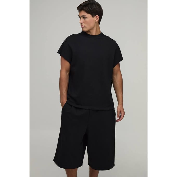 Oversized Boxy Loopback T-shirt Met Korte Mouwen En Jorts Set | Black | Size XS
