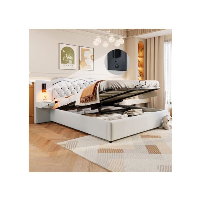 Verlicht - MUVOE - 180x200 cm - Gestoffeerd - Opbergruimte - Ingebouwde USB-poorten beige