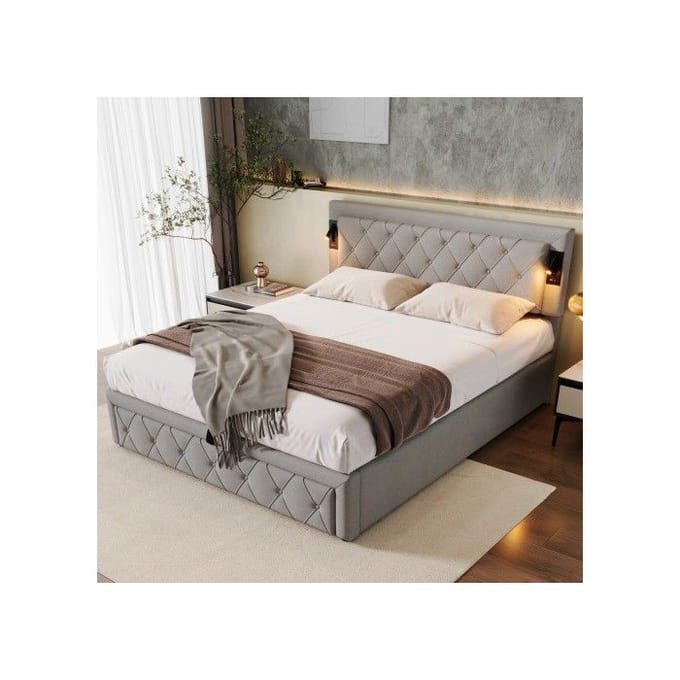 Gestoffeerd bed - MUVOE - 160x200 cm - met spots - USB-poort - hoofdbord van grijs linnen