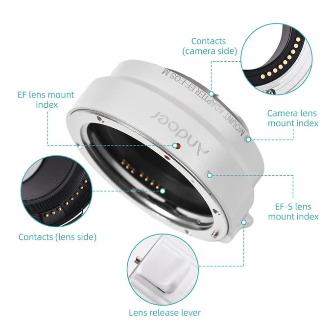 Andoer EF-EOSM Lens Mount Adapter Ondersteuning Auto-Belichting Auto-Focus en Auto-Diafragma voor Canon wit
