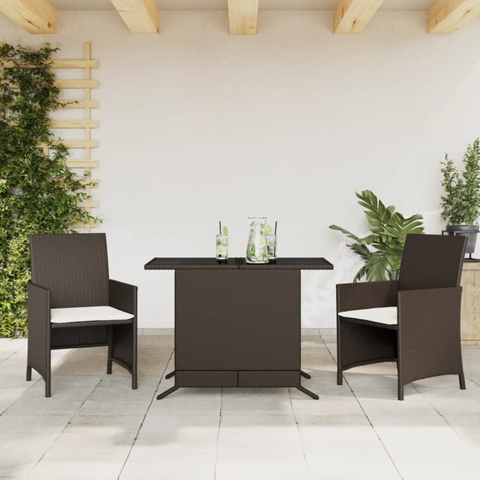 vidaXL - 3-delige - Bistroset - met - kussens - poly - rattan - bruin