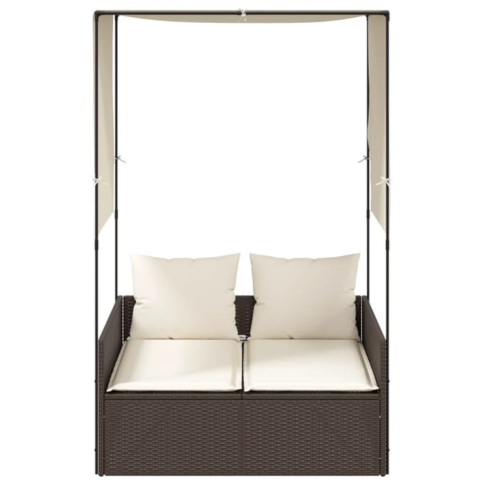 vidaXL - Ligbed - tweepersoons - met - dak - en - gordijn - poly - rattan - bruin