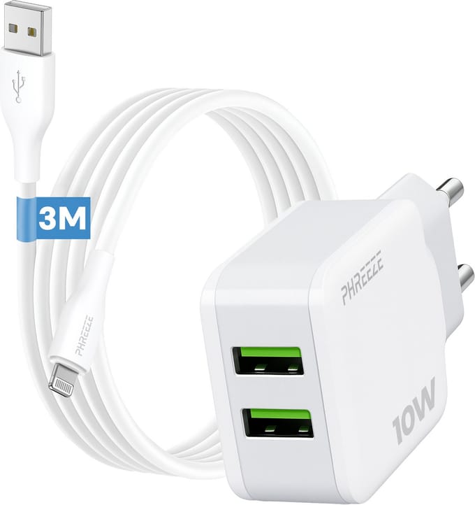Phreeze usb oplader geschikt voor iPhone 14 13 12 11 X XR XS Max Pro Mini Plus en iPad met Lightning kabel - 10 W dubbele usb adapter - 3 meter