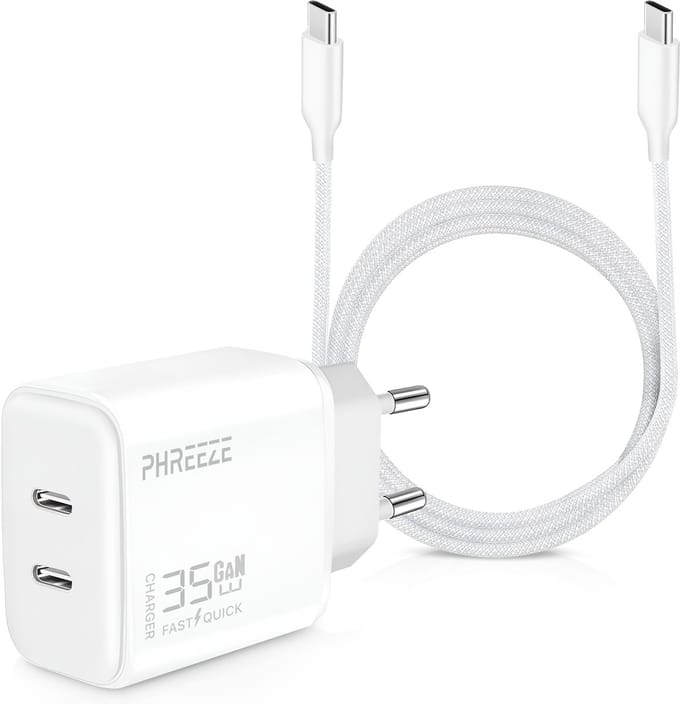 Usb C Kabel 3 Meter met 35w usb-C Oplader - 2 usbC Poorten - GaN Technologie Snellader