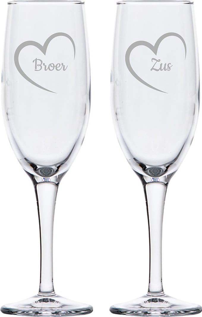 Gegraveerde Champagneglas 16,5cl Broer & Zus met hartje