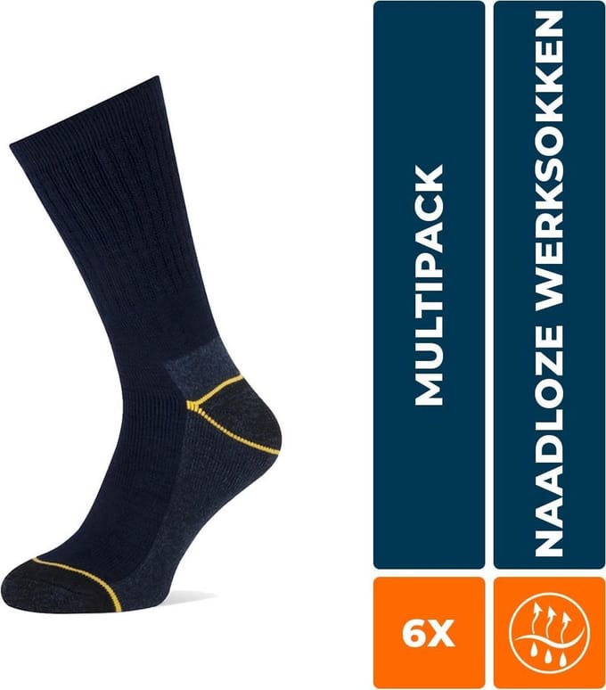STAPP - 6-Pack - Werksokken Badstof Zool - Stapp Yellow Worker - Heren / Dames - marine - 47-50 - 4415