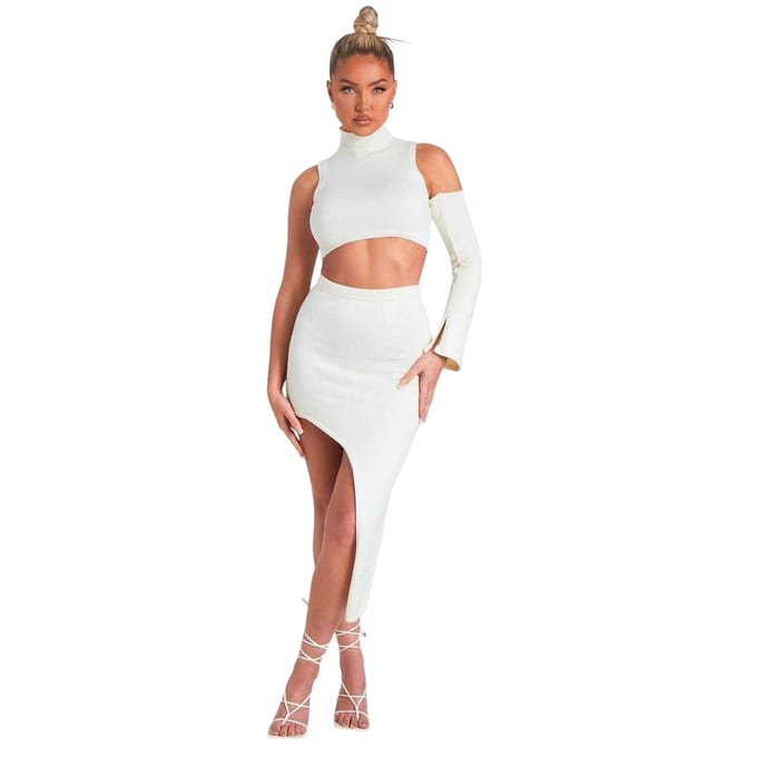 Missy Empire Gebreide, nauwsluitende midirok voor dames (Crème)