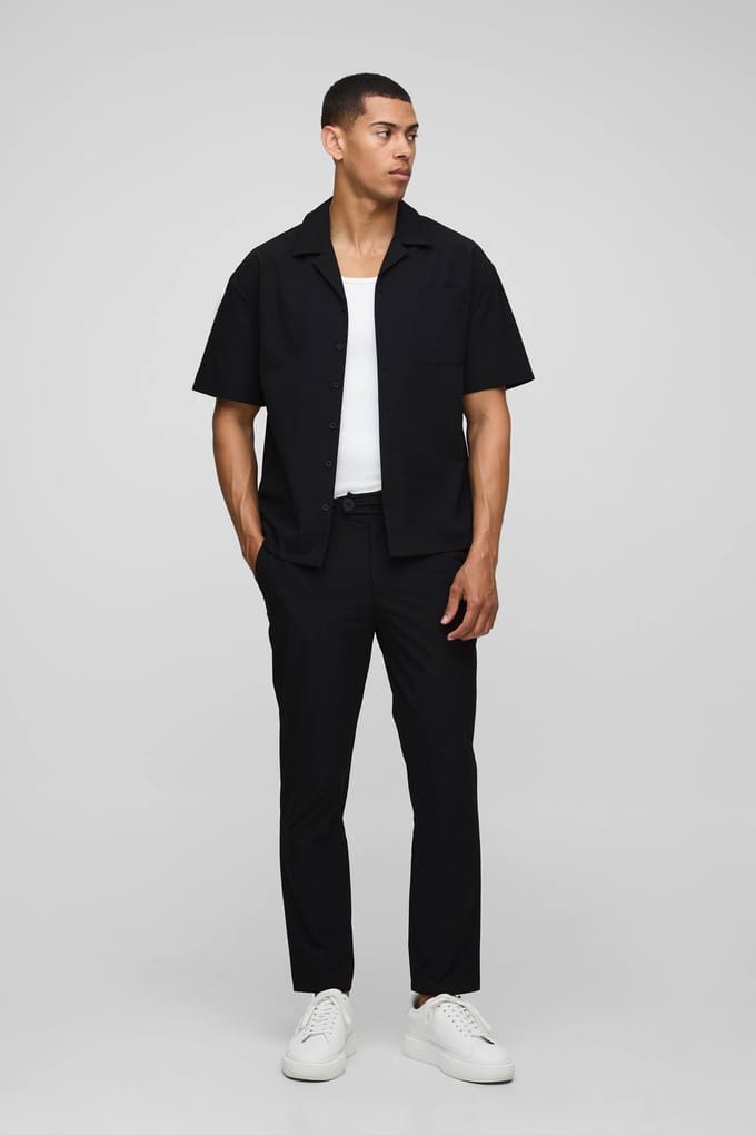 Regular Fit Technical Stretch Shirt & Tapered Trouser Set | Black | Size Medium