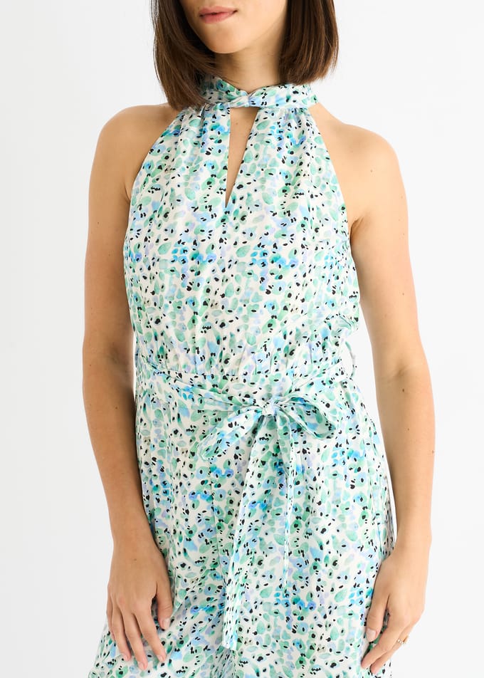 Blauwe jumpsuit met bloemenprint en halternek