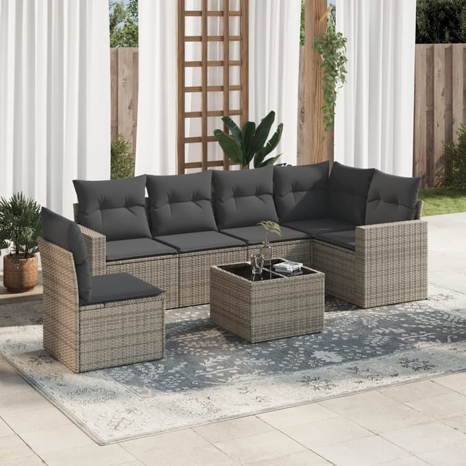 vidaXL - 7-delige - Loungeset - met - kussens - poly - rattan - grijs