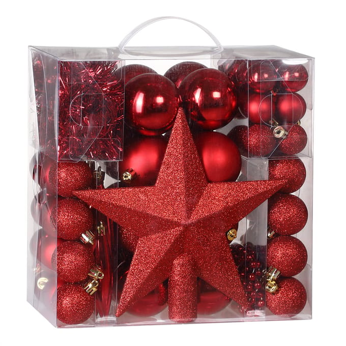 Deuba Kerstboomballen - Set van 77 Kunstof Mat Glanzend - Rood