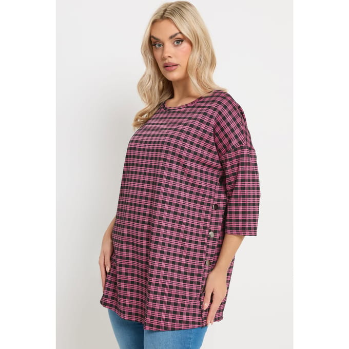 Yours Roze Geruite Top Met Knopen Aan De Zijkant Size 54-56