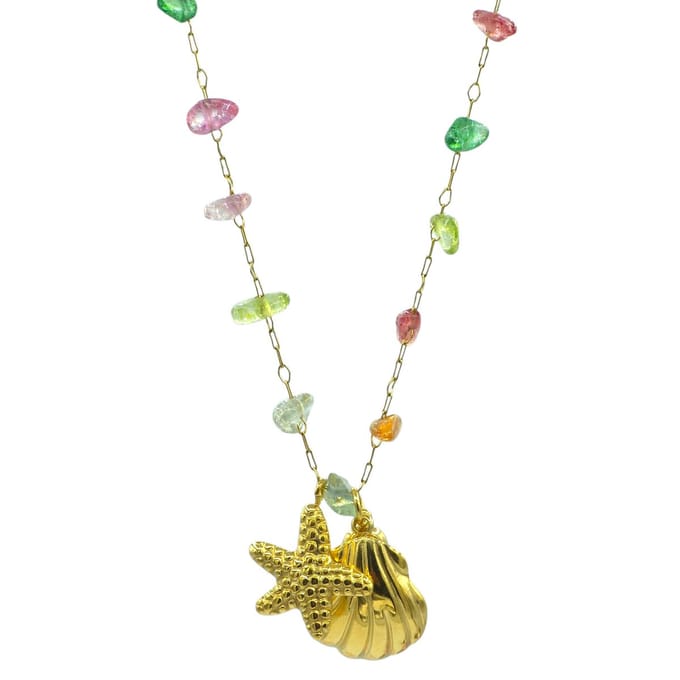 Boho Ketting met Gekleurde Steentjes, Schelp & Zeester Hangers – Zomerstijl - Goldplated & Waterproof