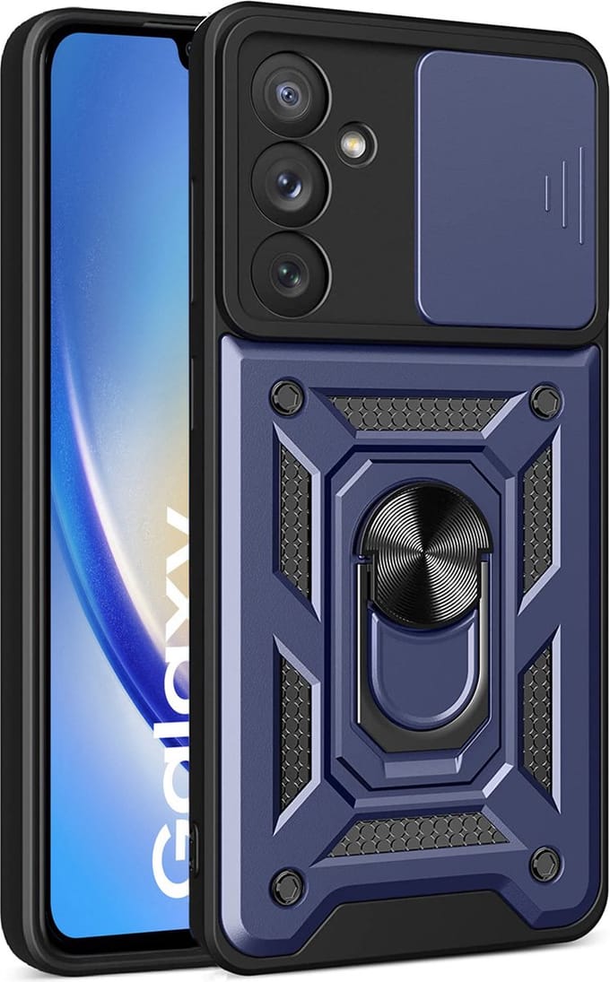 Samsung Galaxy A34 hoesje met Ringhouder en Camera schuifje - shockproof case - Blauw