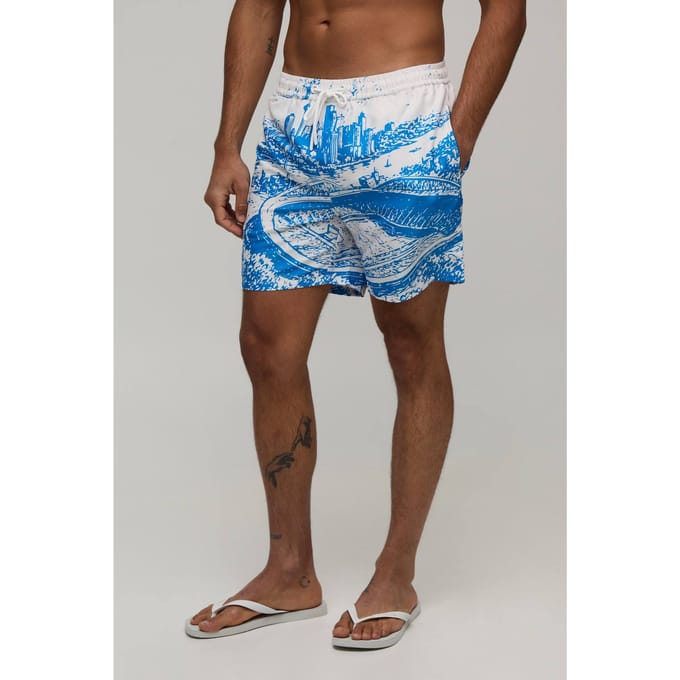 Football Stadium Cityscape Mid Length Swim Short | Blue | Size Small