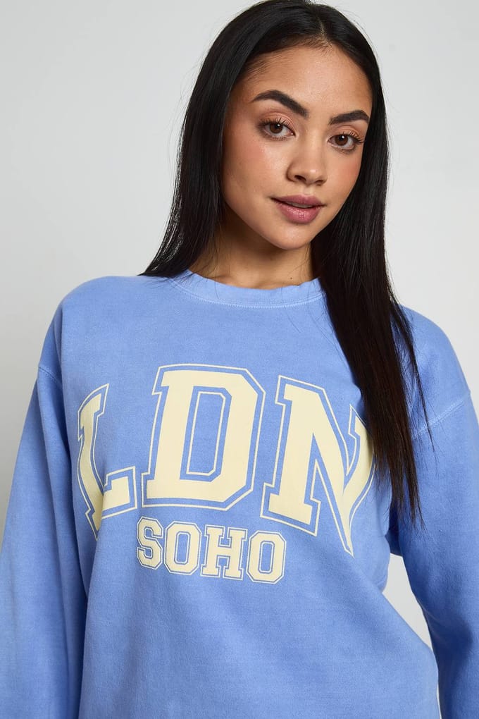 boohoo Dames Gewassen Londen Bedrukt Sweatshirt | Light Blue | Maat: Medium
