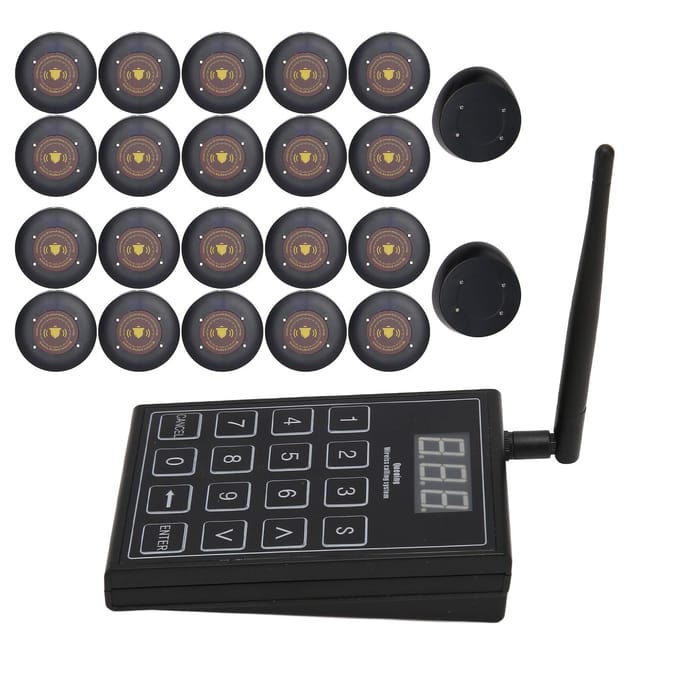 Draadloos Gastoproepsysteem Systeem met Lange Afstand met Zender en 20 Pagers voor UK PLUG black