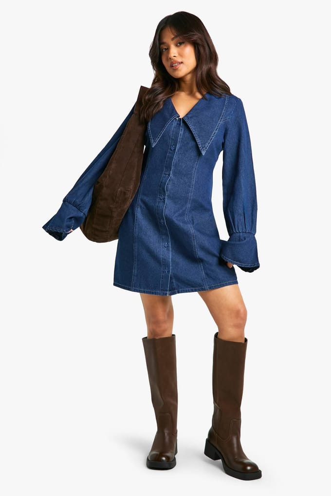 boohoo Dames Petite Kraag Detail Denim Shiftjurk | Blue | Maat: 12