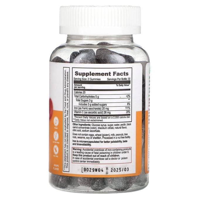 Lifeable, ijzer + vitamine C gummies, druiven, 20 mg, 60 stuks (10 mg per snoepje)