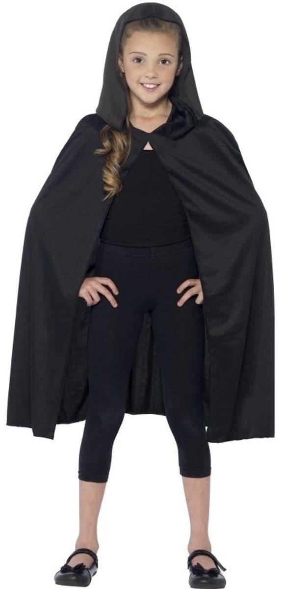 Smiffys Verkleed cape met capuchon - zwart - voor kinderen - polyester - mantel - verkleedkleding