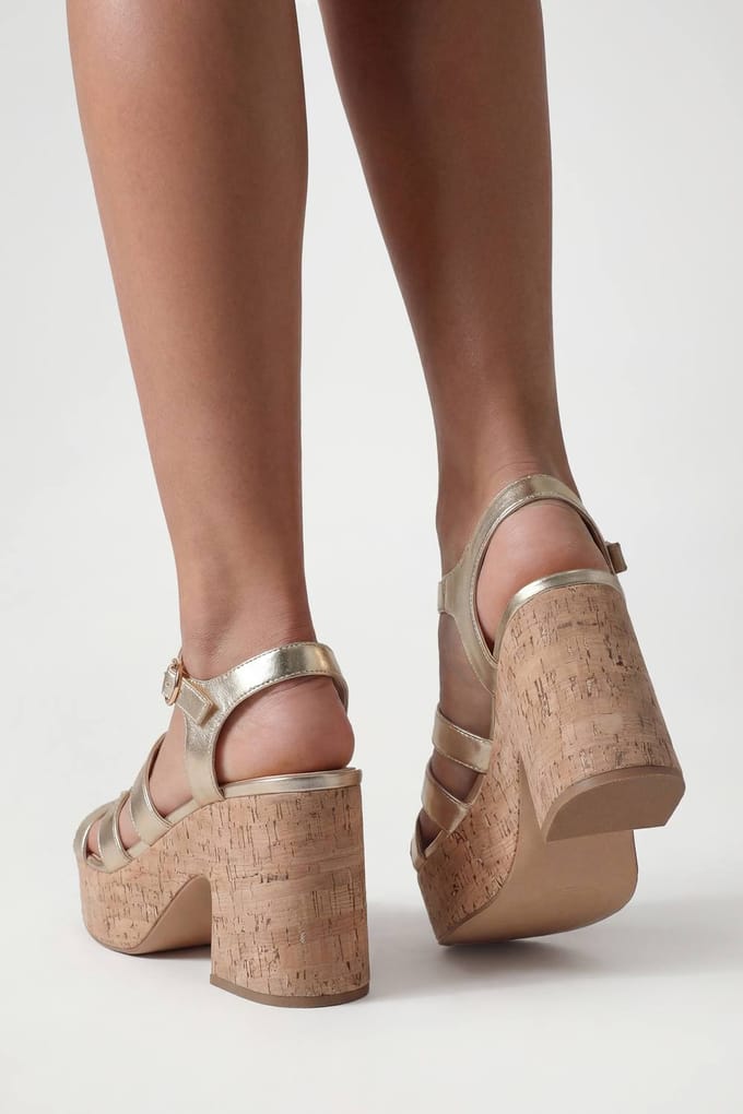 boohoo Dames Metallic Gladiator Kurk Sleehakken | Goud | Maat: 37