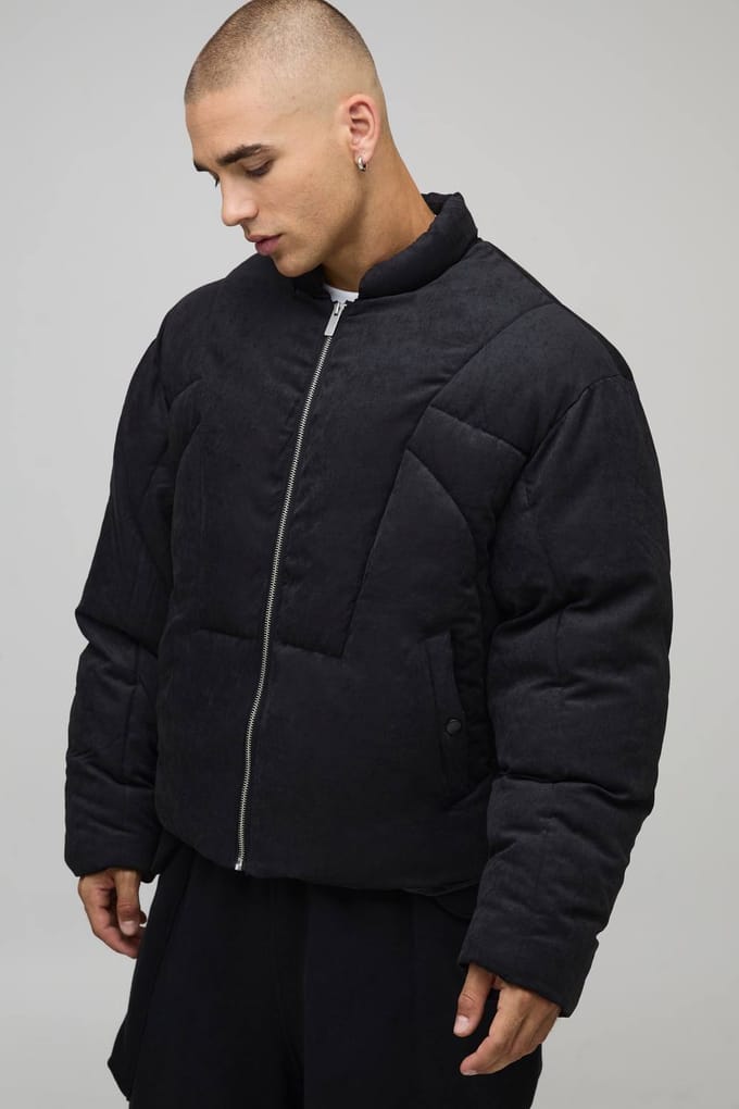 Boxy Fit Washed Nylon Duvet Funnel Neck Puffer Jacket | Black | Size Medium