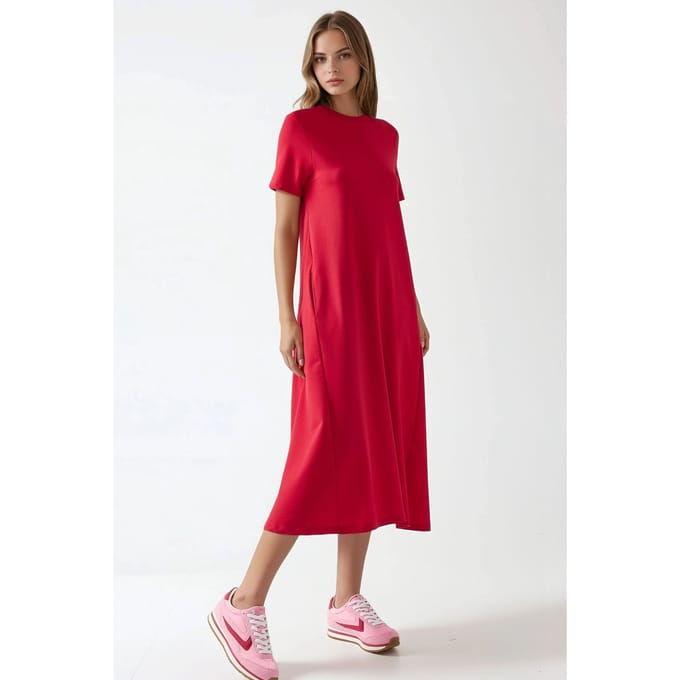 Korte mouwen Basis Midi-Jurk met Ronde Hals