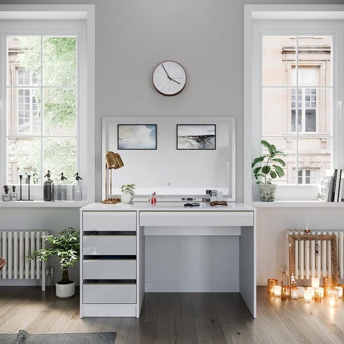 Stijlvolle Kaptafel Wit/Goud met LED Spiegel en Ruime Lade