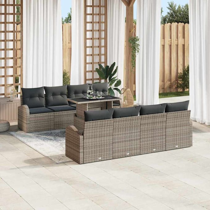 vidaXL Tuinbank Set met kussen met opslag 9 pcs Grijs Poly Riet