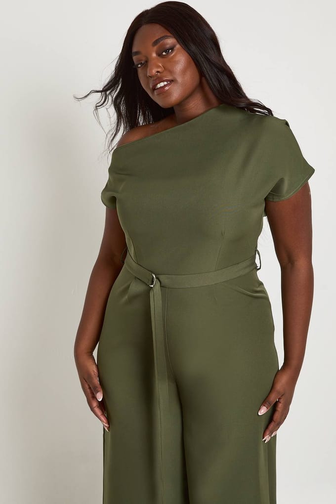 boohoo Dames Plus Asymmetrische Jumpsuit Met Riem | Khaki | Maat: 20