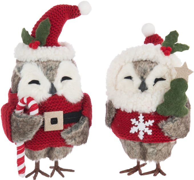 J-Line figuur Uil - polyester - bruin/kerstrood - 2 stuks