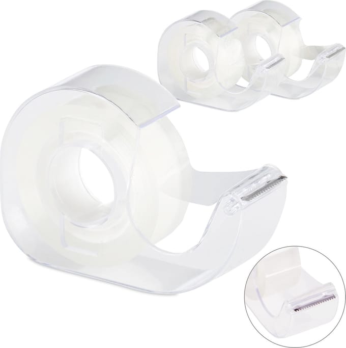 relaxdays plakbandhouder - set van 3 - plakband dispenser - transparant - afroller