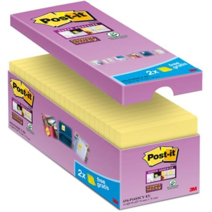 Memoblok post-it 654 super sticky 76x76mm geel 14+2 gratis