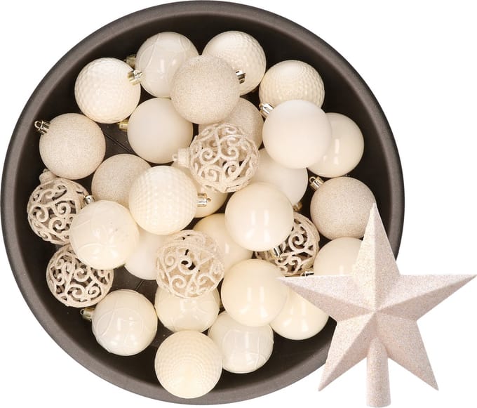 Kunststof kerstballen - 37x stuks - 6 cm - incl. ster piek - wol wit
