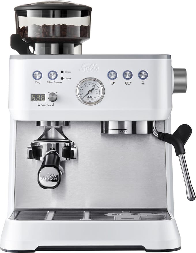 Solis Grind & Infuse Perfetta Pistonmachine - Espressomachine met Maler - RVS Koffiemachine met Ingebouwde Bonenmaler - Wit