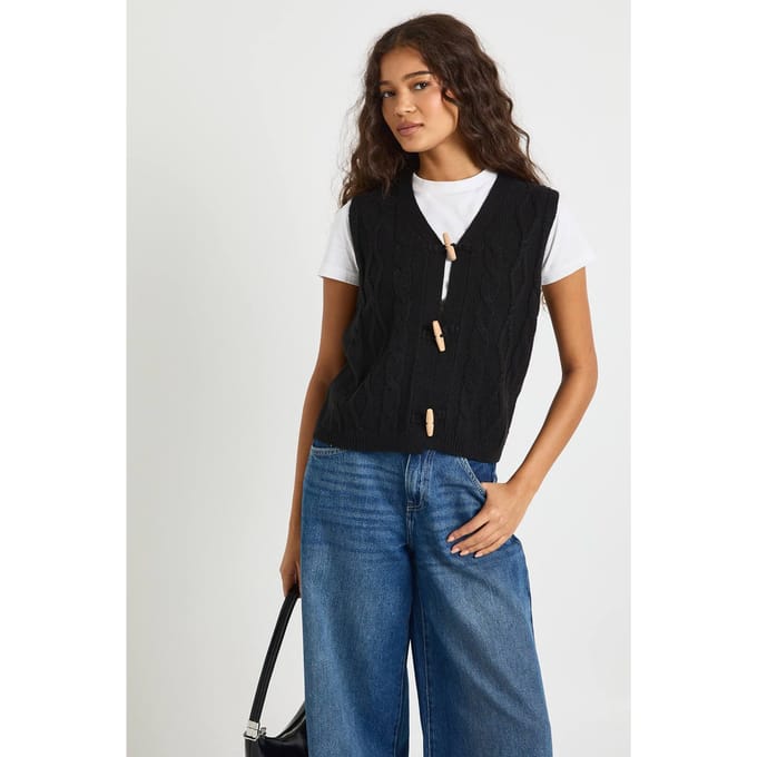 boohoo Dames Kabelgebreid vest met toggle-knopen | Black | Maat: Small