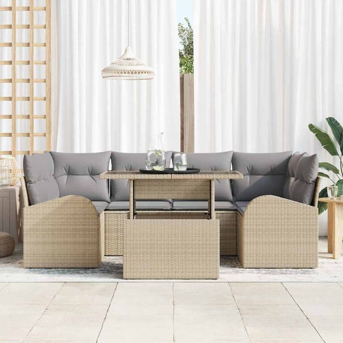 vidaXL Tuinbank Set met kussen met opslag 7 pcs Beige Poly Riet