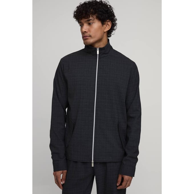 Micro Check Double Zip Funnel Neck Regular Fit Harrington Jacket Co-ord | Charcoal | Size XS