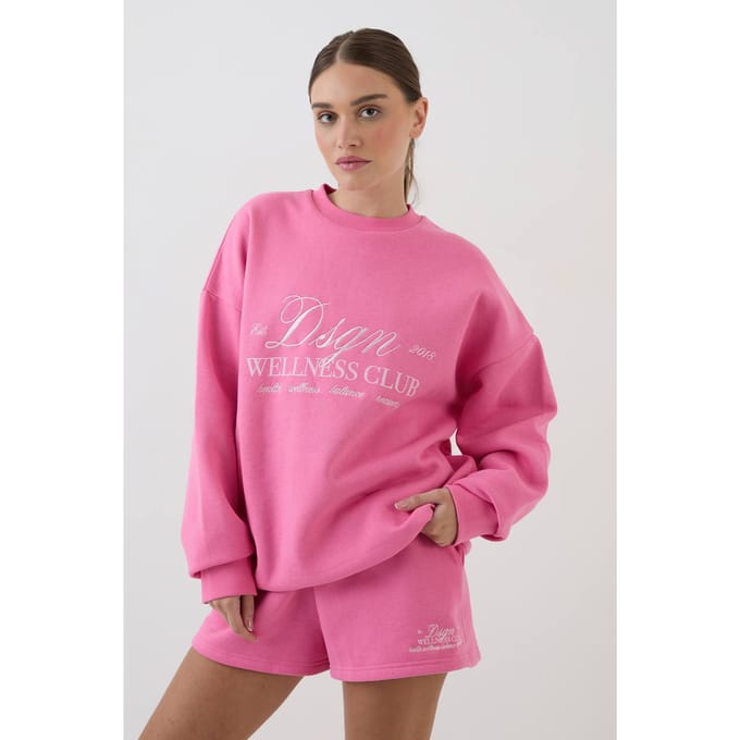 Dames Dsgn Studio Wellness Club Oversized Sweatshirt Korte Trainingsbroek | Roze | Maat: Small