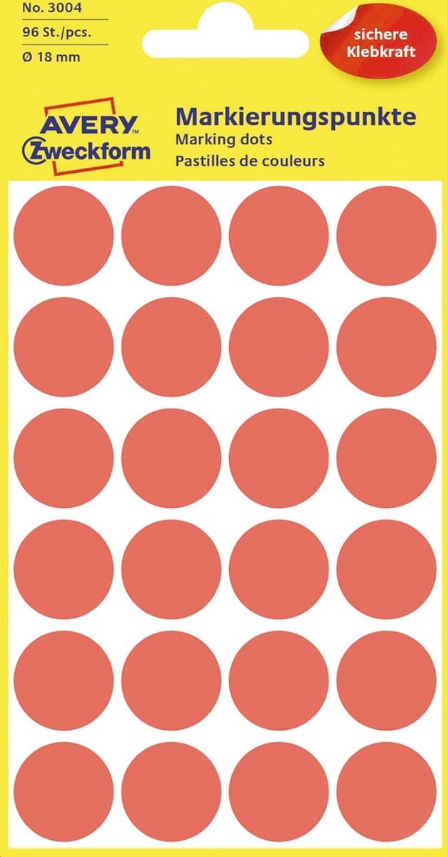 Etiket avery 3004 rond 18mm rood 96st | 10 stuks