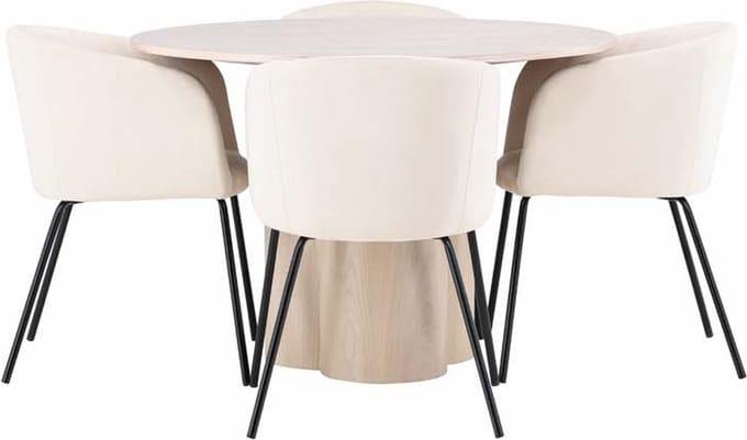 Olivia eethoek tafel whitewash en 4 berit stoelen beige.
