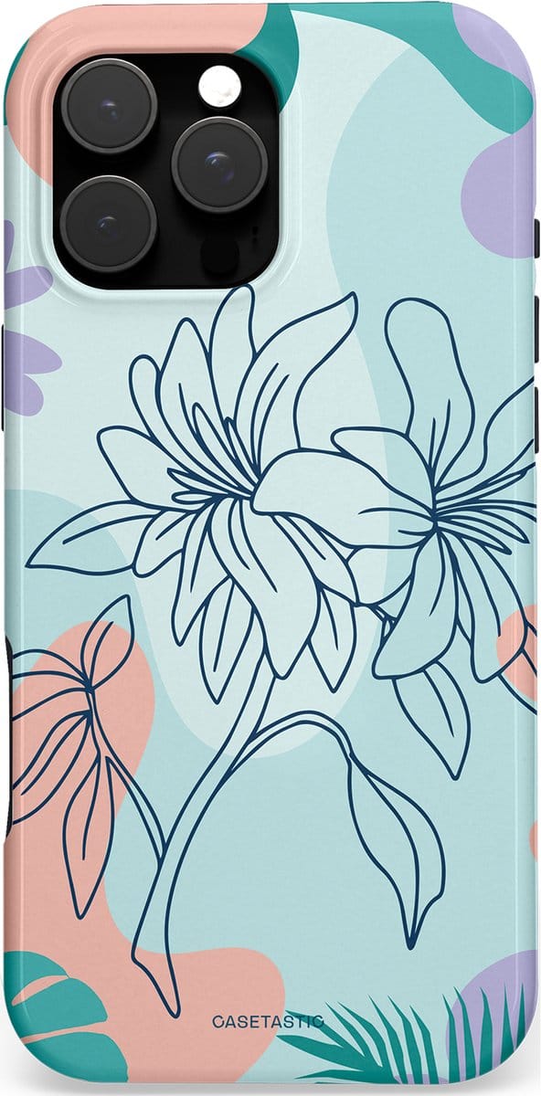 Casetastic hoesje geschikt voor Apple iPhone 16 Pro Max - MagSafe - Dubbellaagse bescherming - Mint Bloemprint - Fashion Case - Lichtgrijs Turquoise Perzik Lila