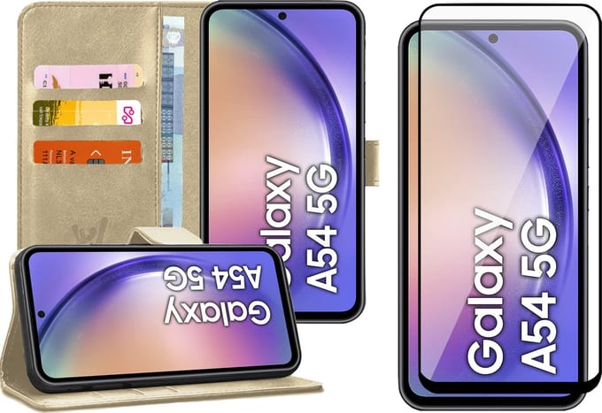 Hoesje geschikt voor Samsung Galaxy A54 - Screen Protector FullGuard - Book Case Kunstleer Pasjeshouder Goud & Screenprotector