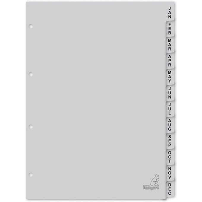 Kangaro tabbladen - A4 - PP 120 micron - grijs - 4-gaats - 12-delig maand