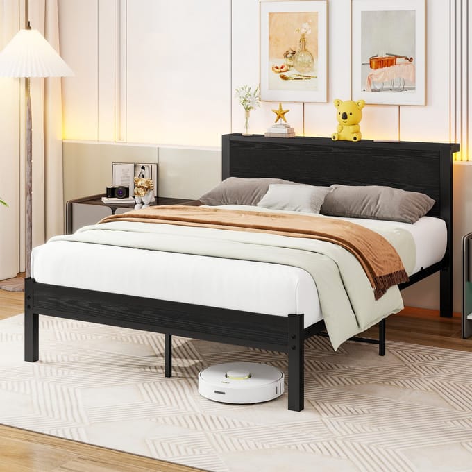 MODFU Bedframe 140x200 cm van MDF en metaal – zwart – modern platform met 27 cm opbergruimte – stevig frame