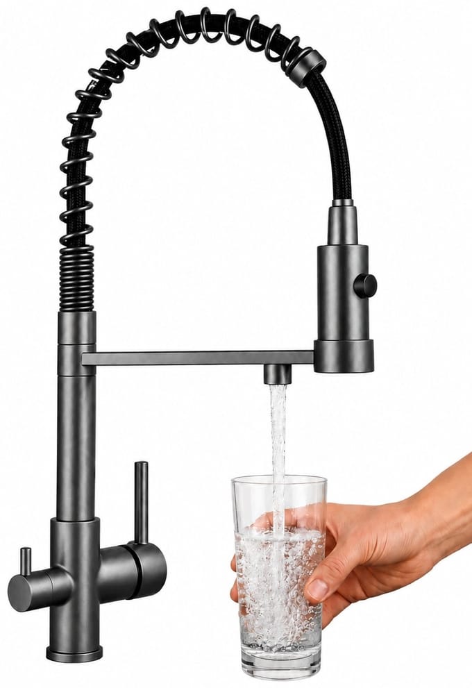 3-Weg Keukenkraan met Uittrekbare Douche & Waterfilter Aansluiting - Grijs