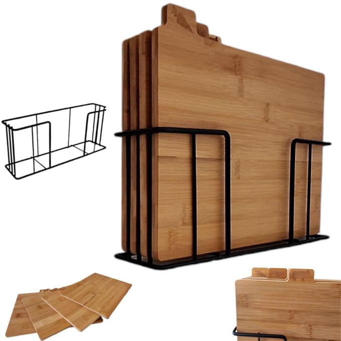 Set de 4 planches à découper en bambou + Support en acier