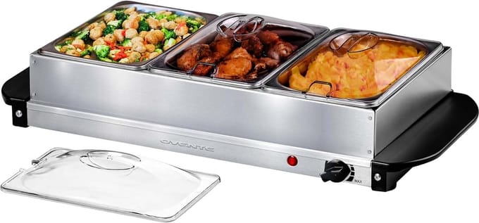 Elektrische buffetserver - Voedselwarmer - Feesten organiseren - Instelbare temperatuur - 3x 1.5 liter - Zilver