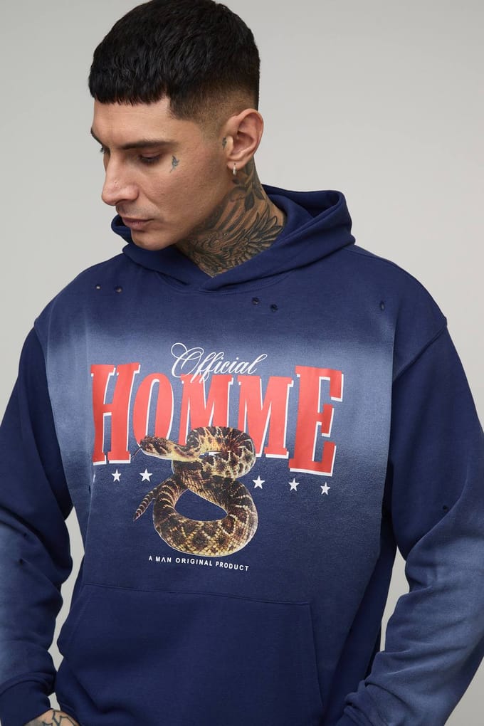 Tall Oversized Boxy Homme Western Spray Wash Distressed Hoodie | Navy | Size Medium